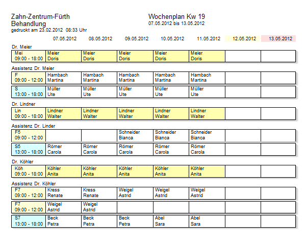 Wochenplan einer Zahnarztpraxis